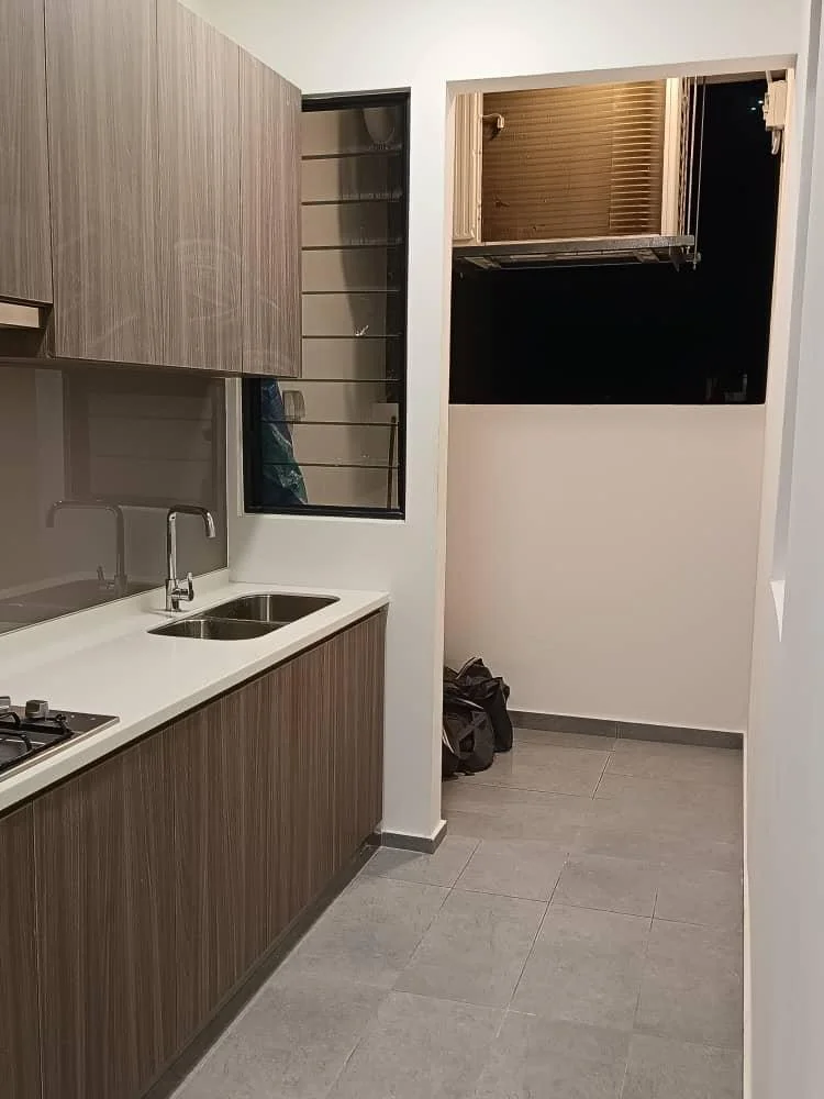 Kitchen features: laminate cabinetry in wood finish, white countertop, double-bowl stainless-steel sink, chrome pull-down faucet, 4-burner gas hob, wall-mounted range hood, grey tile flooring, window with view to the outside, open layout to adjacent space; style: modern.